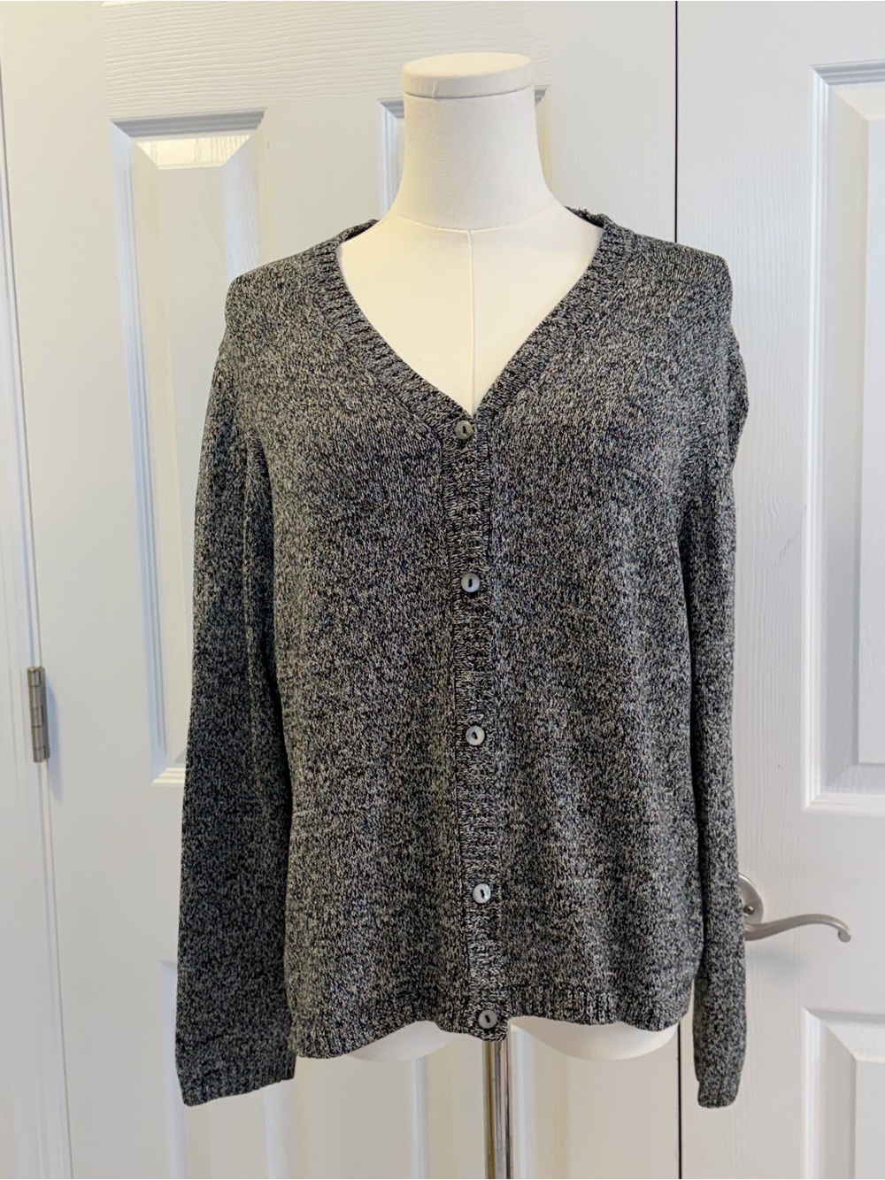 Kate Hill Silk Blend Gray Black Marled Button Front Cardigan Size L